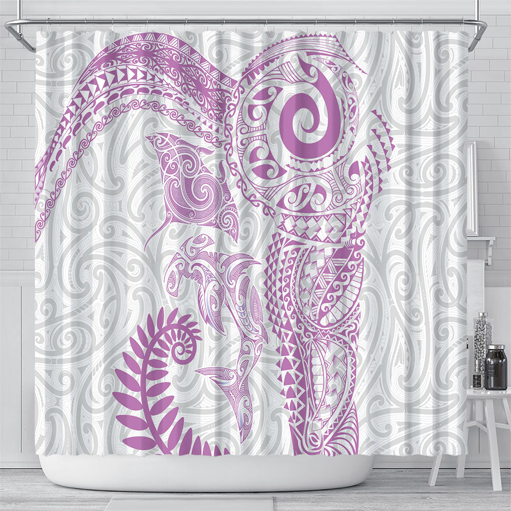 Aotearoa Maori Sea Animals Tribal Shower Curtain Manta Ray and Shark Moko Pattern Pink Color LT03 - Polynesian Pride