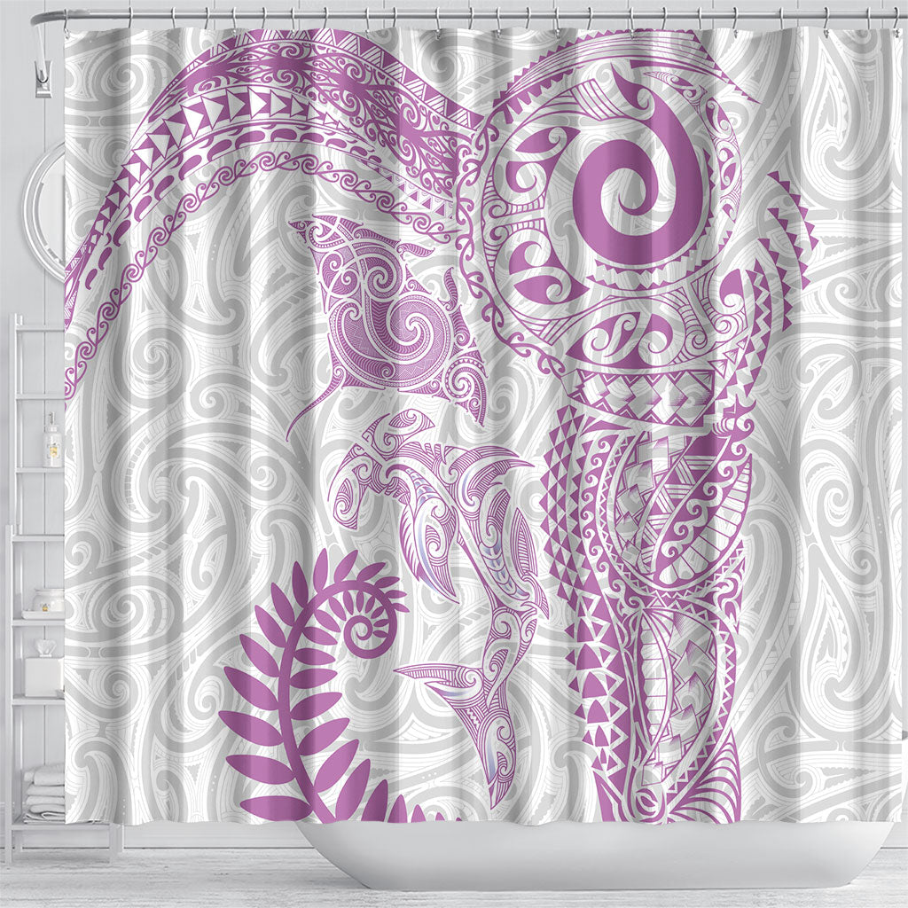 Aotearoa Maori Sea Animals Tribal Shower Curtain Manta Ray and Shark Moko Pattern Pink Color LT03 - Polynesian Pride