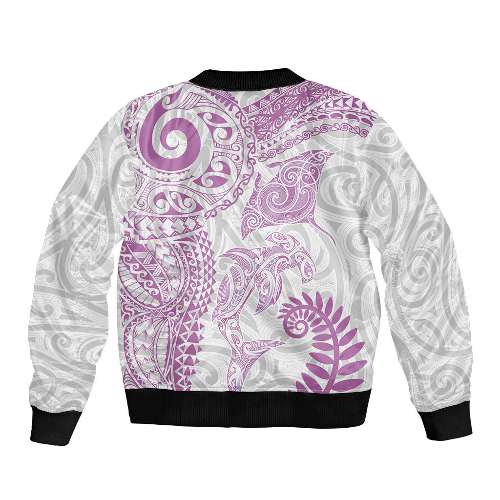 Aotearoa Maori Sea Animals Tribal Sleeve Zip Bomber Jacket Manta Ray and Shark Moko Pattern Pink Color