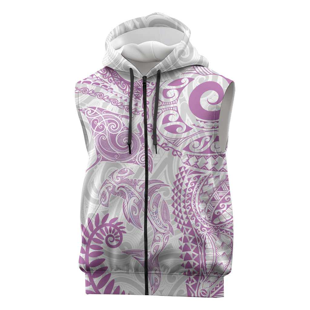Aotearoa Maori Sea Animals Tribal Sleeveless Zip Hoodie Manta Ray and Shark Moko Pattern Pink Color LT03 Pink - Polynesian Pride