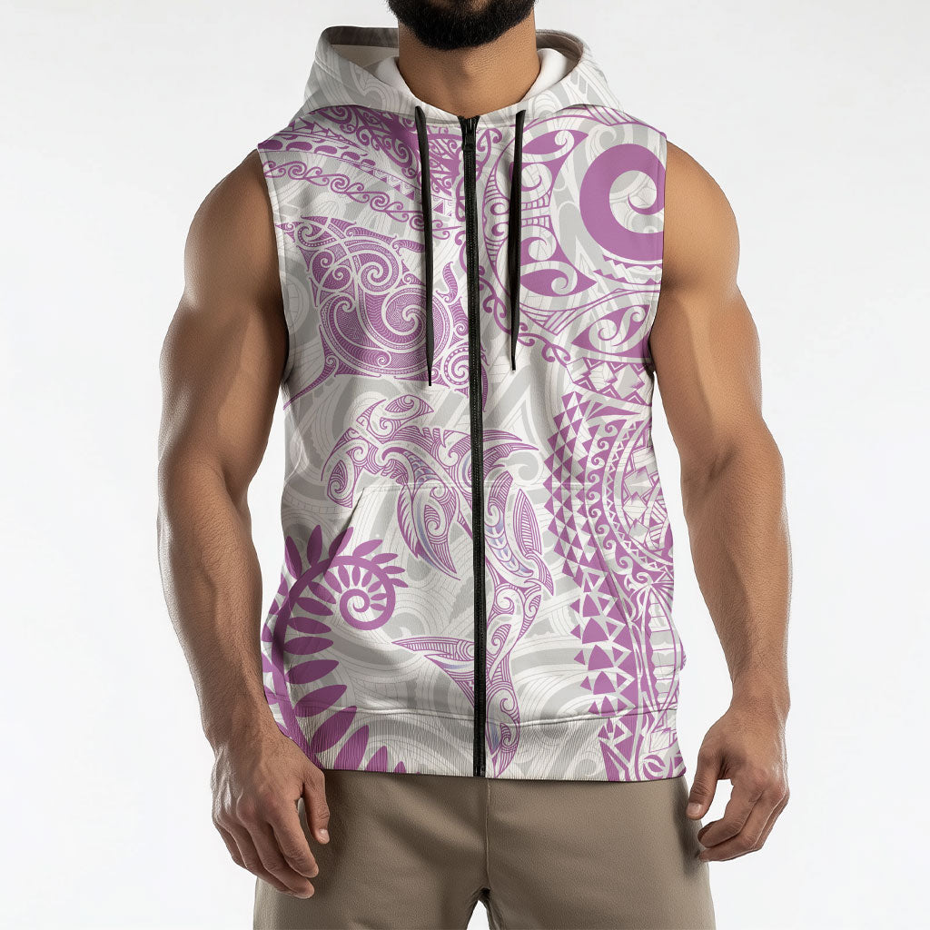 Aotearoa Maori Sea Animals Tribal Sleeveless Zip Hoodie Manta Ray and Shark Moko Pattern Pink Color LT03 - Polynesian Pride