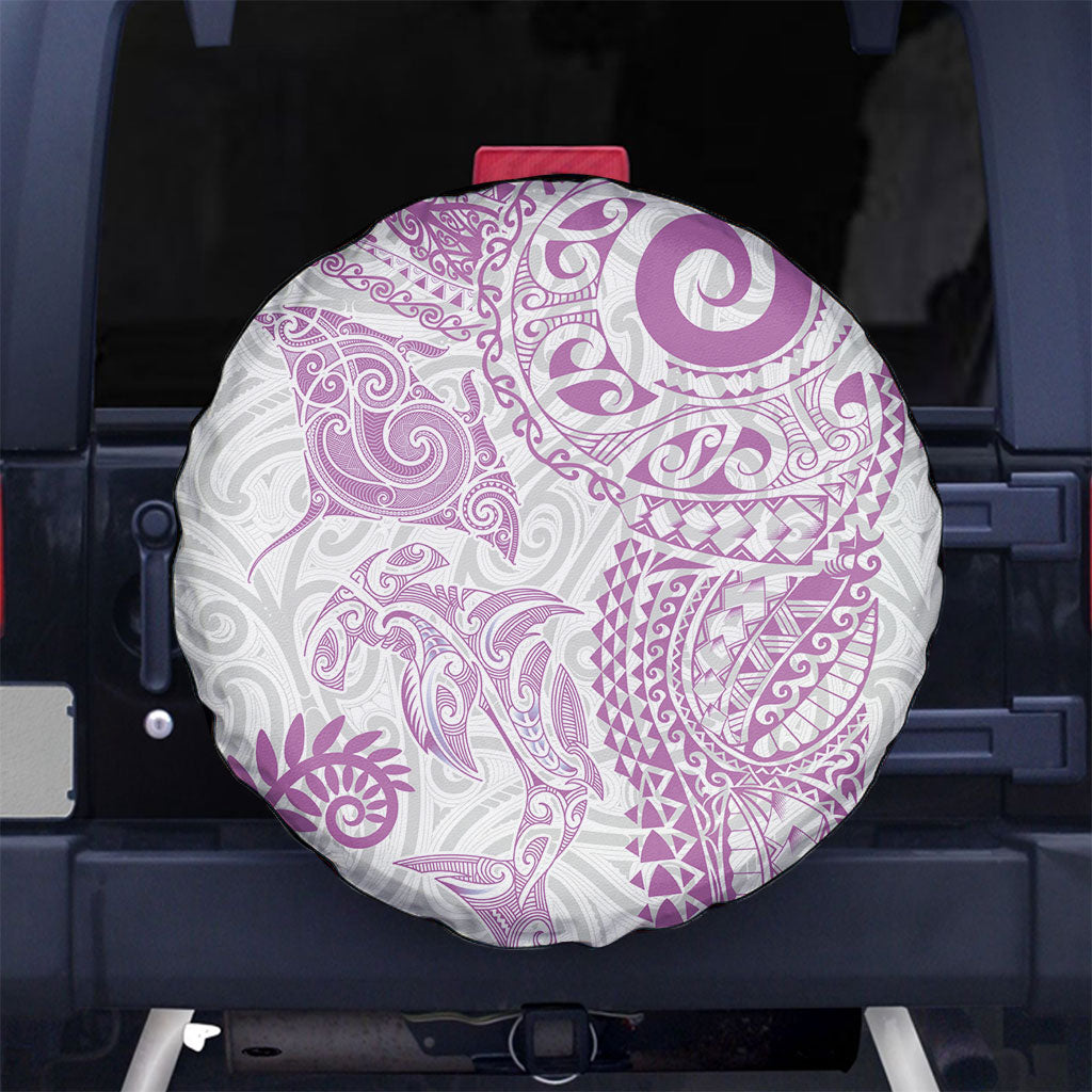 Aotearoa Maori Sea Animals Tribal Spare Tire Cover Manta Ray and Shark Moko Pattern Pink Color LT03 No hole Pink - Polynesian Pride