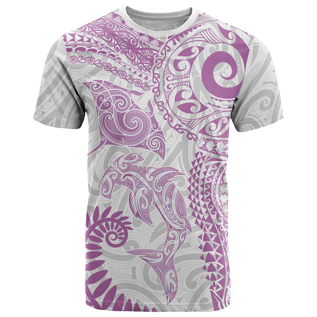 Aotearoa Maori Sea Animals Tribal T Shirt Manta Ray and Shark Moko Pattern Pink Color LT03 Pink - Polynesian Pride