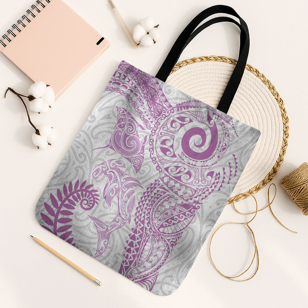 Aotearoa Maori Sea Animals Tribal Tote Bag Manta Ray and Shark Moko Pattern Pink Color LT03 Black Strap One Size Pink - Polynesian Pride