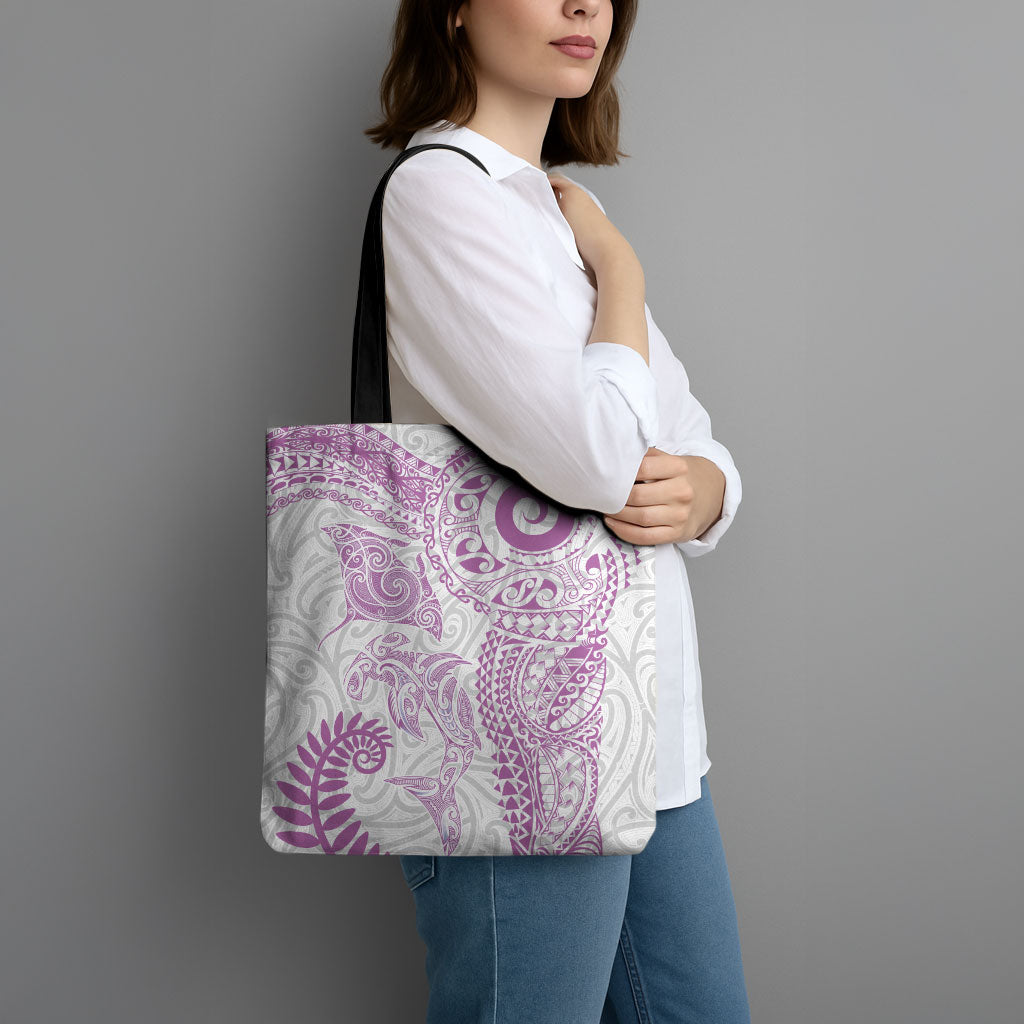 Aotearoa Maori Sea Animals Tribal Tote Bag Manta Ray and Shark Moko Pattern Pink Color LT03 - Polynesian Pride