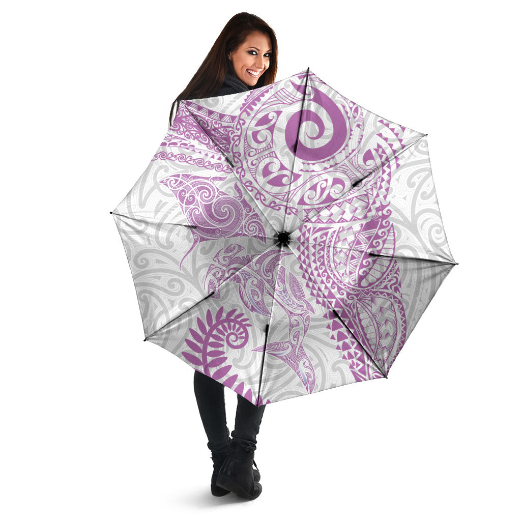 Aotearoa Maori Sea Animals Tribal Umbrella Manta Ray and Shark Moko Pattern Pink Color