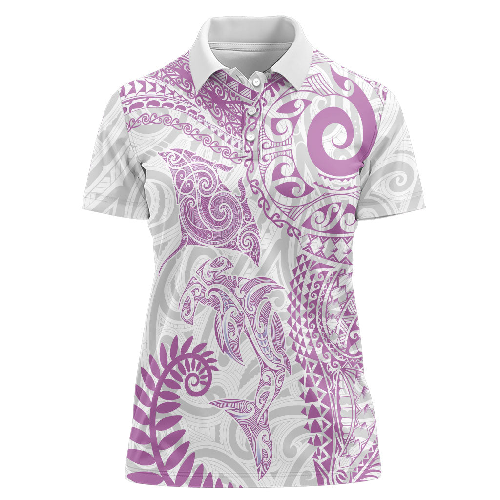 Aotearoa Maori Sea Animals Tribal Women Polo Shirt Manta Ray and Shark Moko Pattern Pink Color LT03 Female Pink - Polynesian Pride