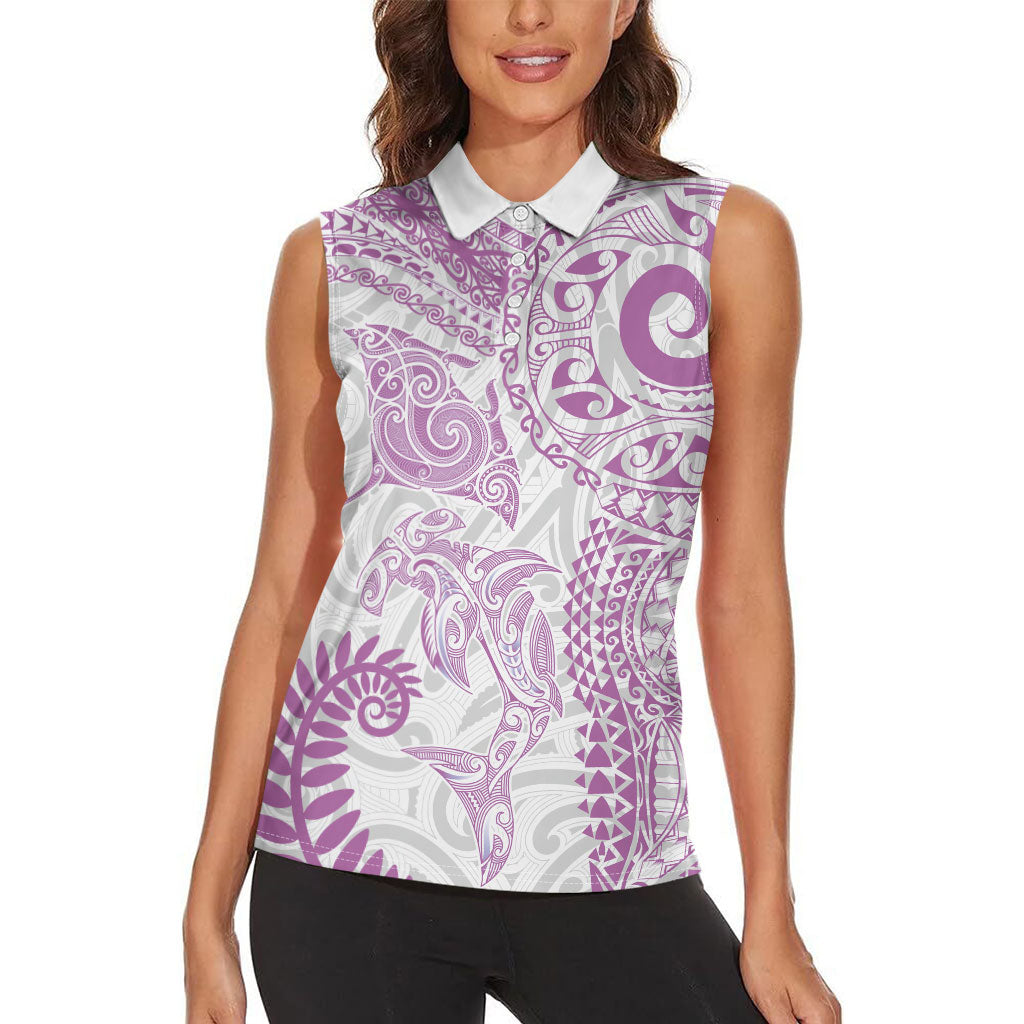 Aotearoa Maori Sea Animals Tribal Women Sleeveless Polo Shirt Manta Ray and Shark Moko Pattern Pink Color LT03 - Polynesian Pride