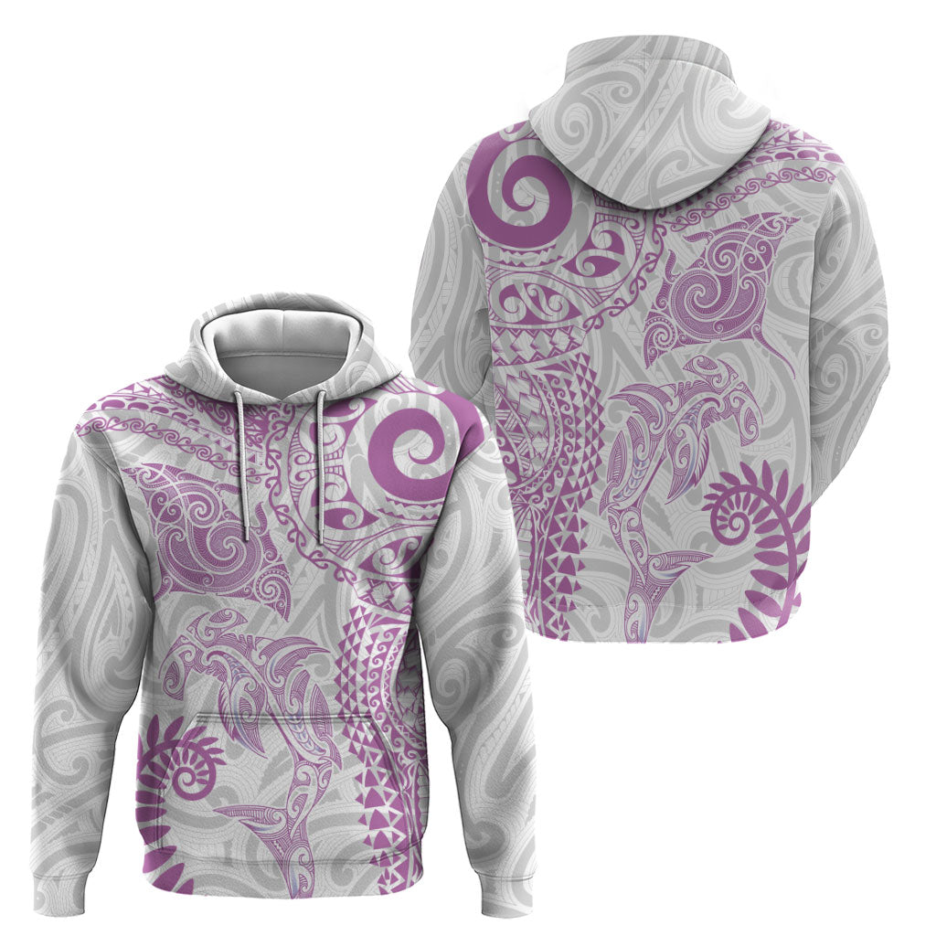 Aotearoa Maori Sea Animals Tribal Zip Hoodie Manta Ray and Shark Moko Pattern Pink Color LT03 - Polynesian Pride