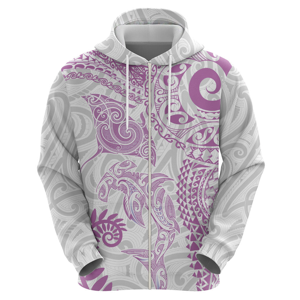Aotearoa Maori Sea Animals Tribal Zip Hoodie Manta Ray and Shark Moko Pattern Pink Color LT03 - Polynesian Pride
