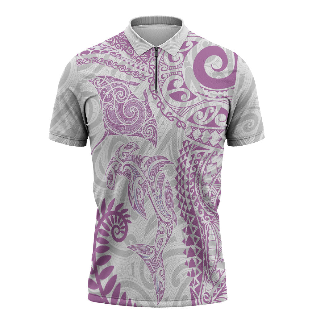 Aotearoa Maori Sea Animals Tribal Zipper Polo Shirt Manta Ray and Shark Moko Pattern Pink Color