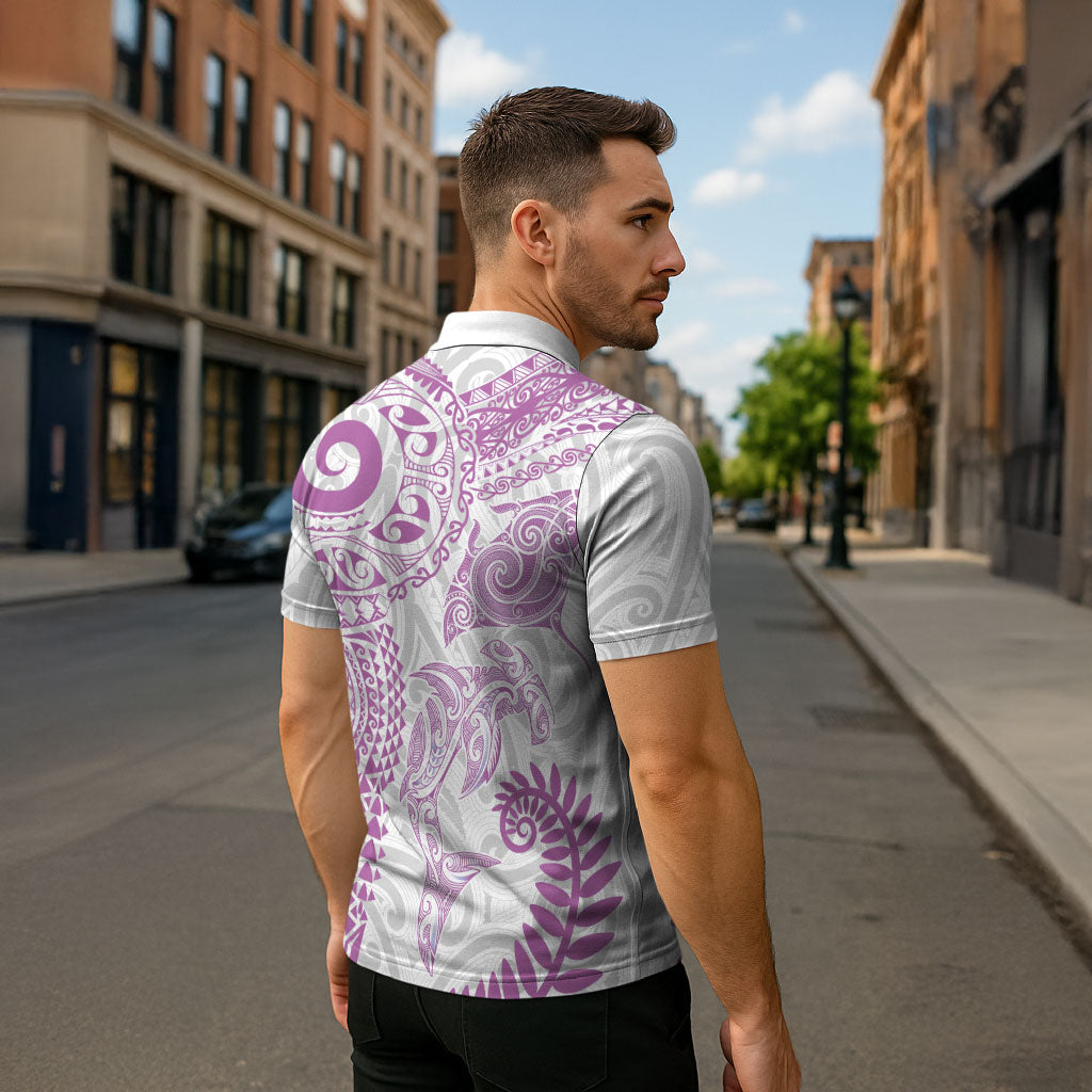 Aotearoa Maori Sea Animals Tribal Zipper Polo Shirt Manta Ray and Shark Moko Pattern Pink Color LT03 - Polynesian Pride