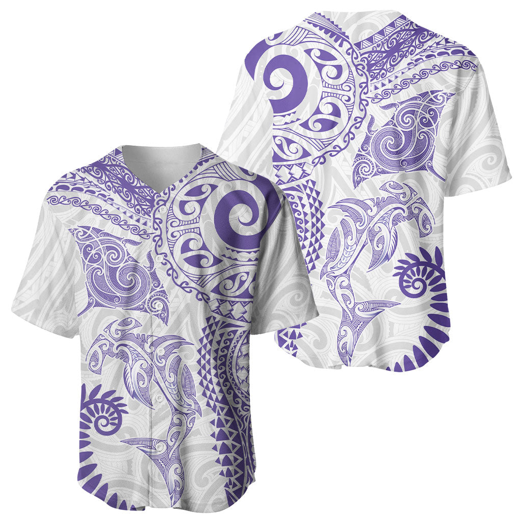 Aotearoa Maori Sea Animals Tribal Baseball Jersey Manta Ray and Shark Moko Pattern Purple Color