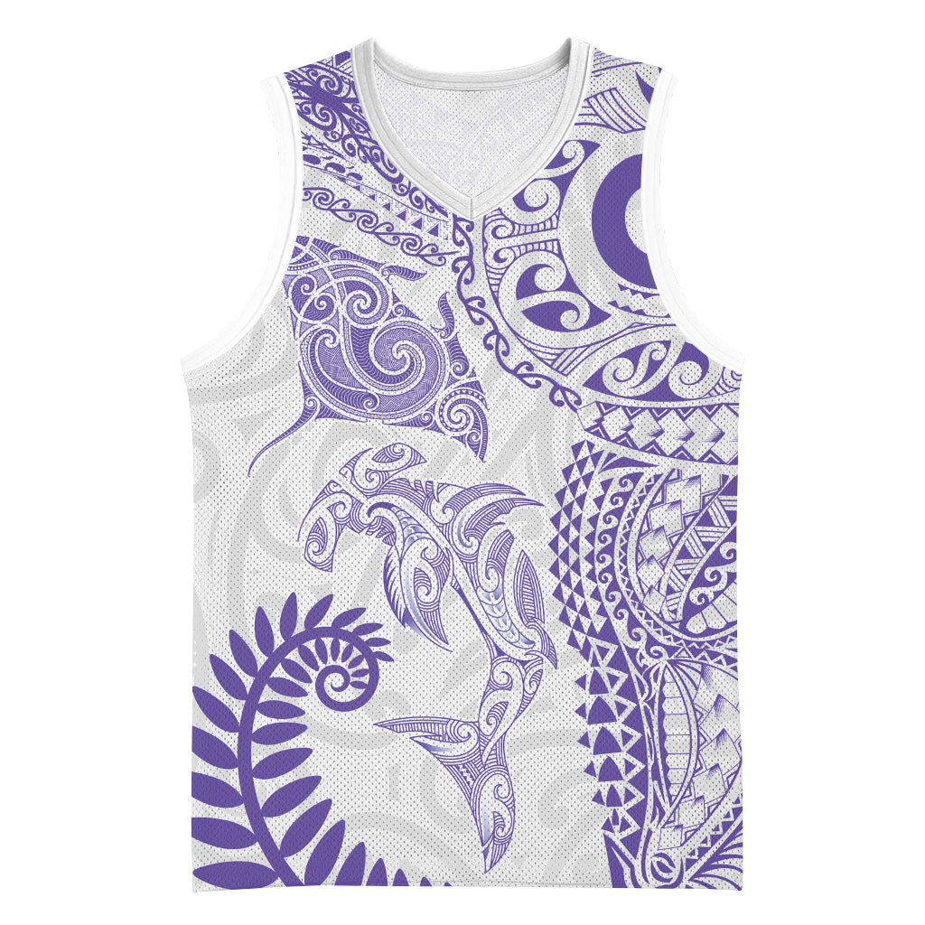 Aotearoa Maori Sea Animals Tribal Basketball Jersey Manta Ray and Shark Moko Pattern Purple Color LT03 Unisex Purple - Polynesian Pride