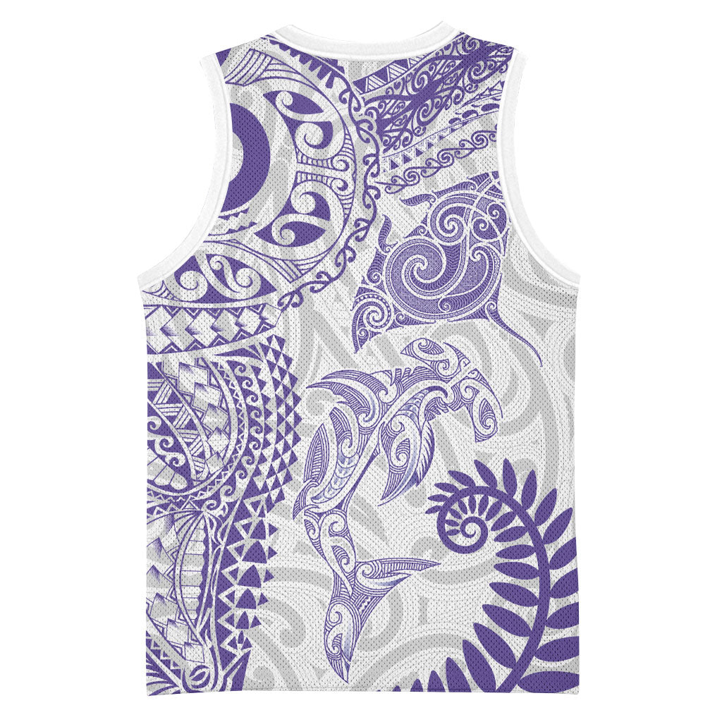 Aotearoa Maori Sea Animals Tribal Basketball Jersey Manta Ray and Shark Moko Pattern Purple Color LT03 - Polynesian Pride