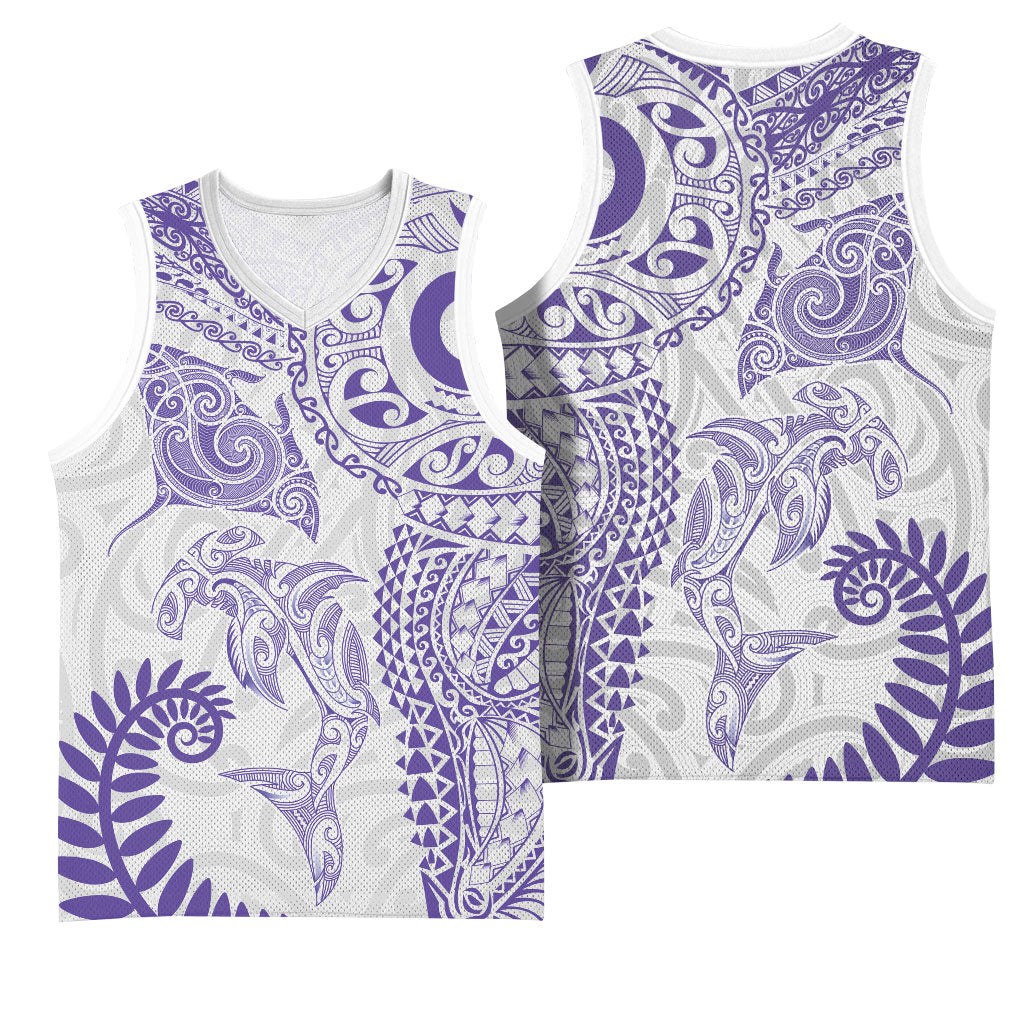 Aotearoa Maori Sea Animals Tribal Basketball Jersey Manta Ray and Shark Moko Pattern Purple Color LT03 - Polynesian Pride