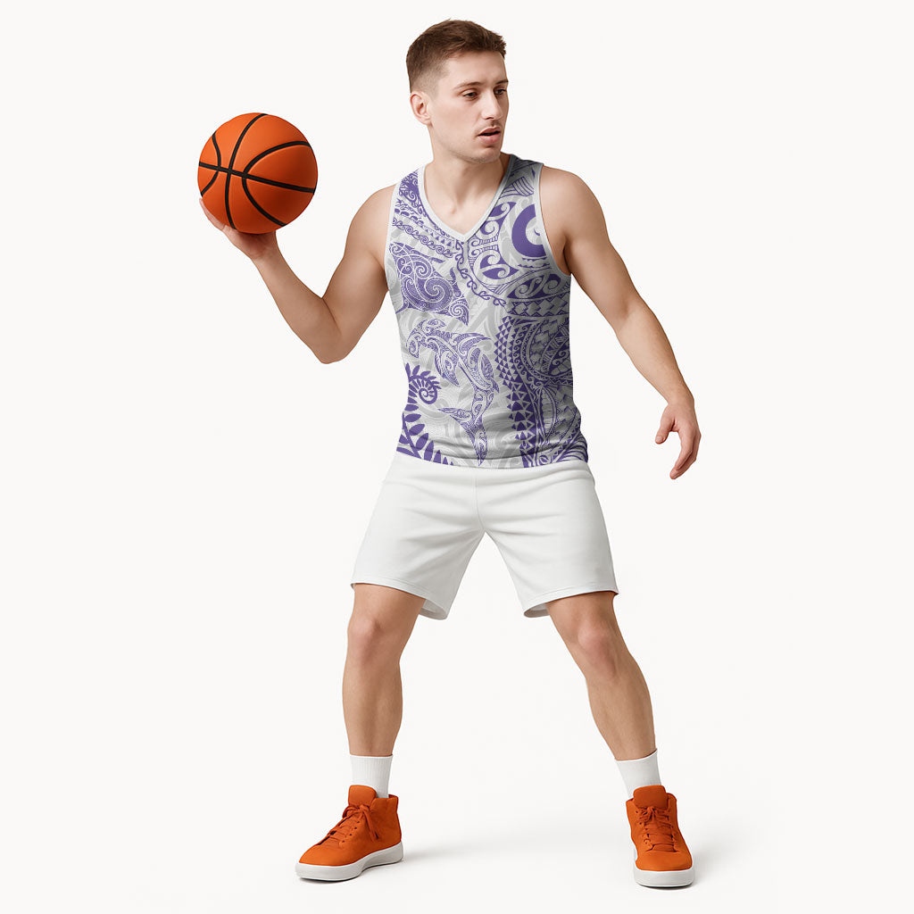 Aotearoa Maori Sea Animals Tribal Basketball Jersey Manta Ray and Shark Moko Pattern Purple Color LT03 - Polynesian Pride