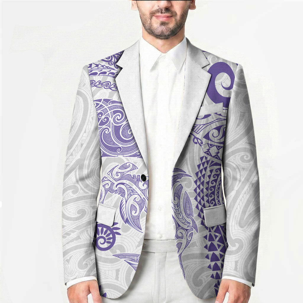 Aotearoa Maori Sea Animals Tribal Blazer Manta Ray and Shark Moko Pattern Purple Color