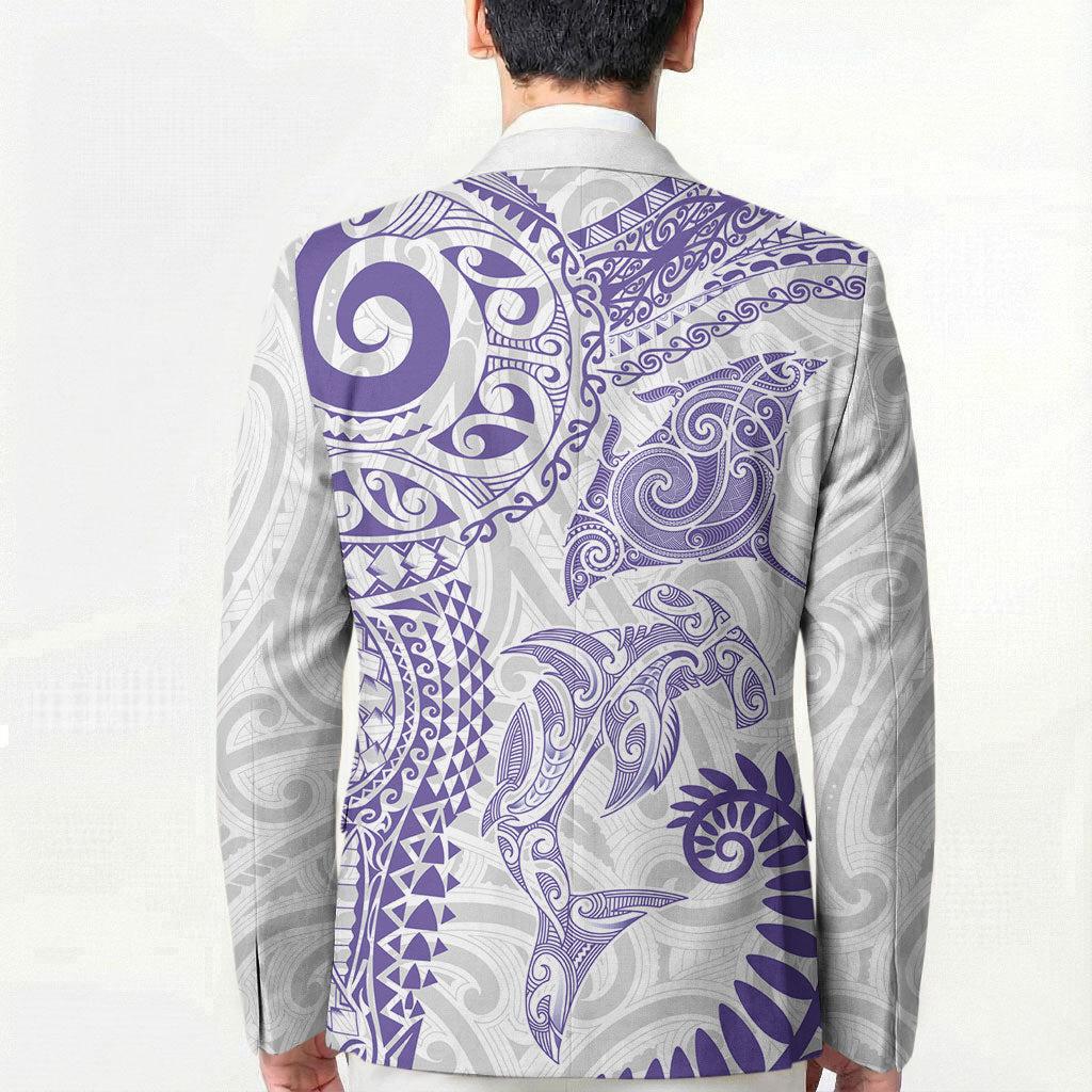 Aotearoa Maori Sea Animals Tribal Blazer Manta Ray and Shark Moko Pattern Purple Color