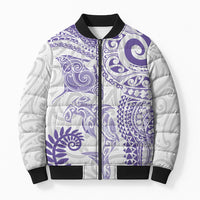 Aotearoa Maori Sea Animals Tribal Bomber Puffer Jacket Manta Ray and Shark Moko Pattern Purple Color
