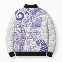 Aotearoa Maori Sea Animals Tribal Bomber Puffer Jacket Manta Ray and Shark Moko Pattern Purple Color