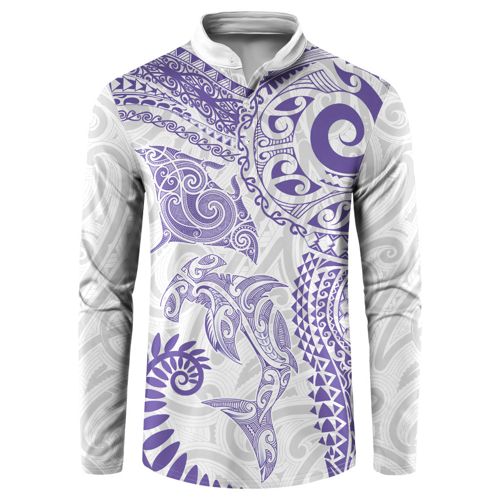 Aotearoa Maori Sea Animals Tribal Button Sweatshirt Manta Ray and Shark Moko Pattern Purple Color