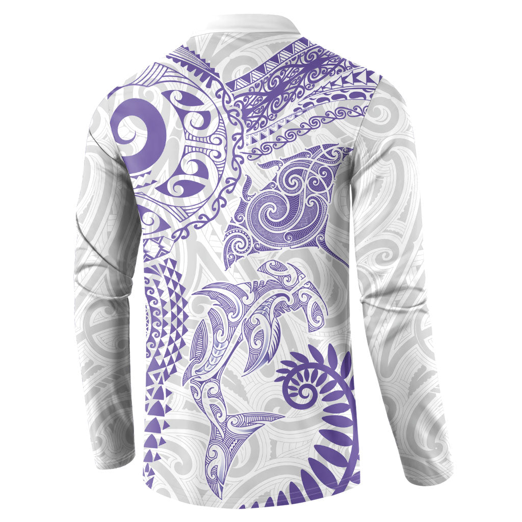 Aotearoa Maori Sea Animals Tribal Button Sweatshirt Manta Ray and Shark Moko Pattern Purple Color