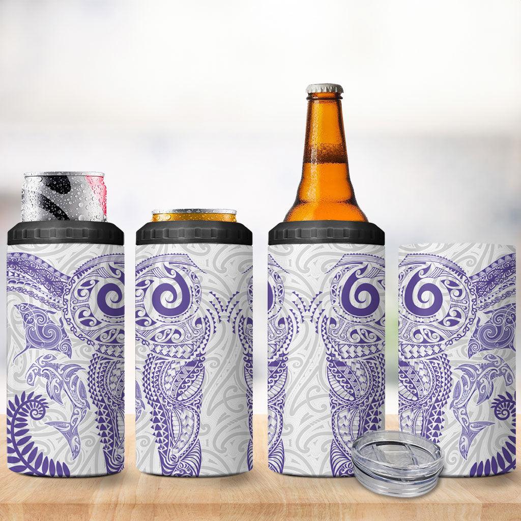 Aotearoa Maori Sea Animals Tribal 4 in 1 Can Cooler Tumbler Manta Ray and Shark Moko Pattern Purple Color LT03 - Polynesian Pride