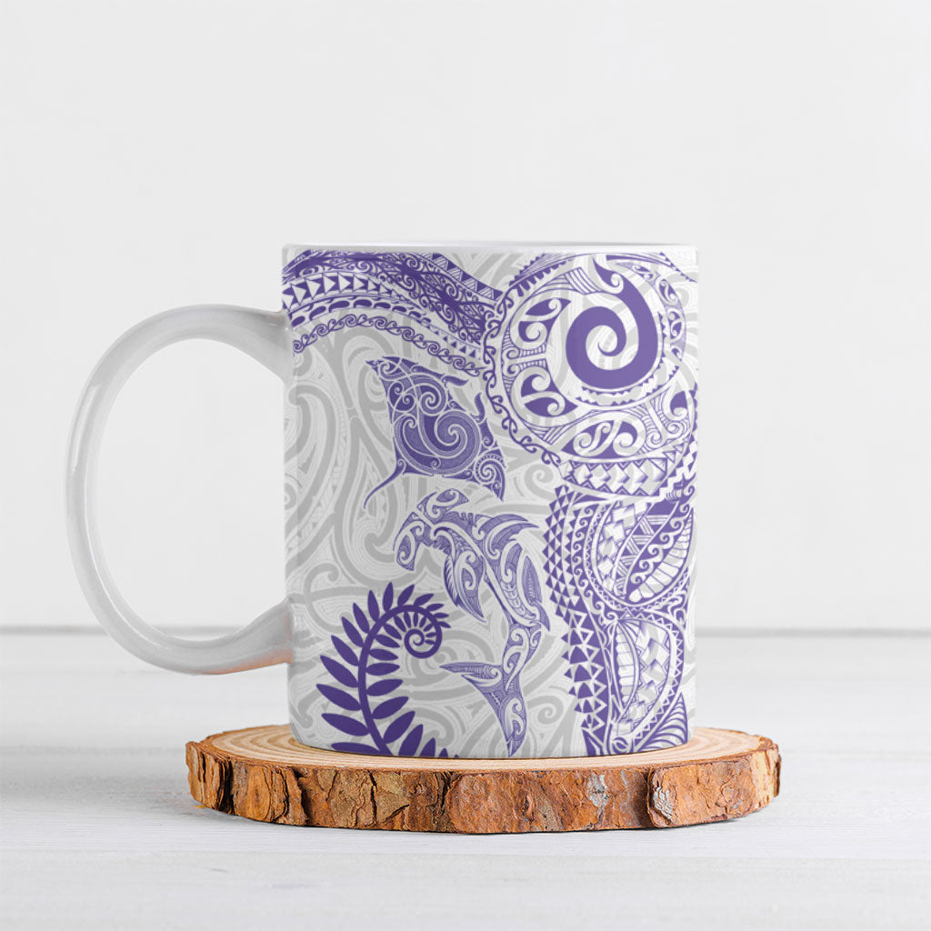 Aotearoa Maori Sea Animals Tribal Ceramic Mug Manta Ray and Shark Moko Pattern Purple Color