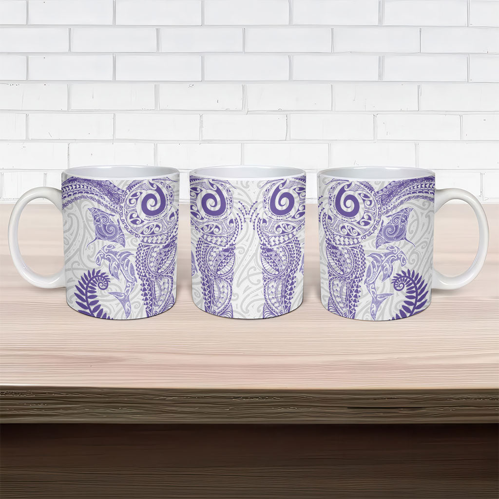Aotearoa Maori Sea Animals Tribal Ceramic Mug Manta Ray and Shark Moko Pattern Purple Color