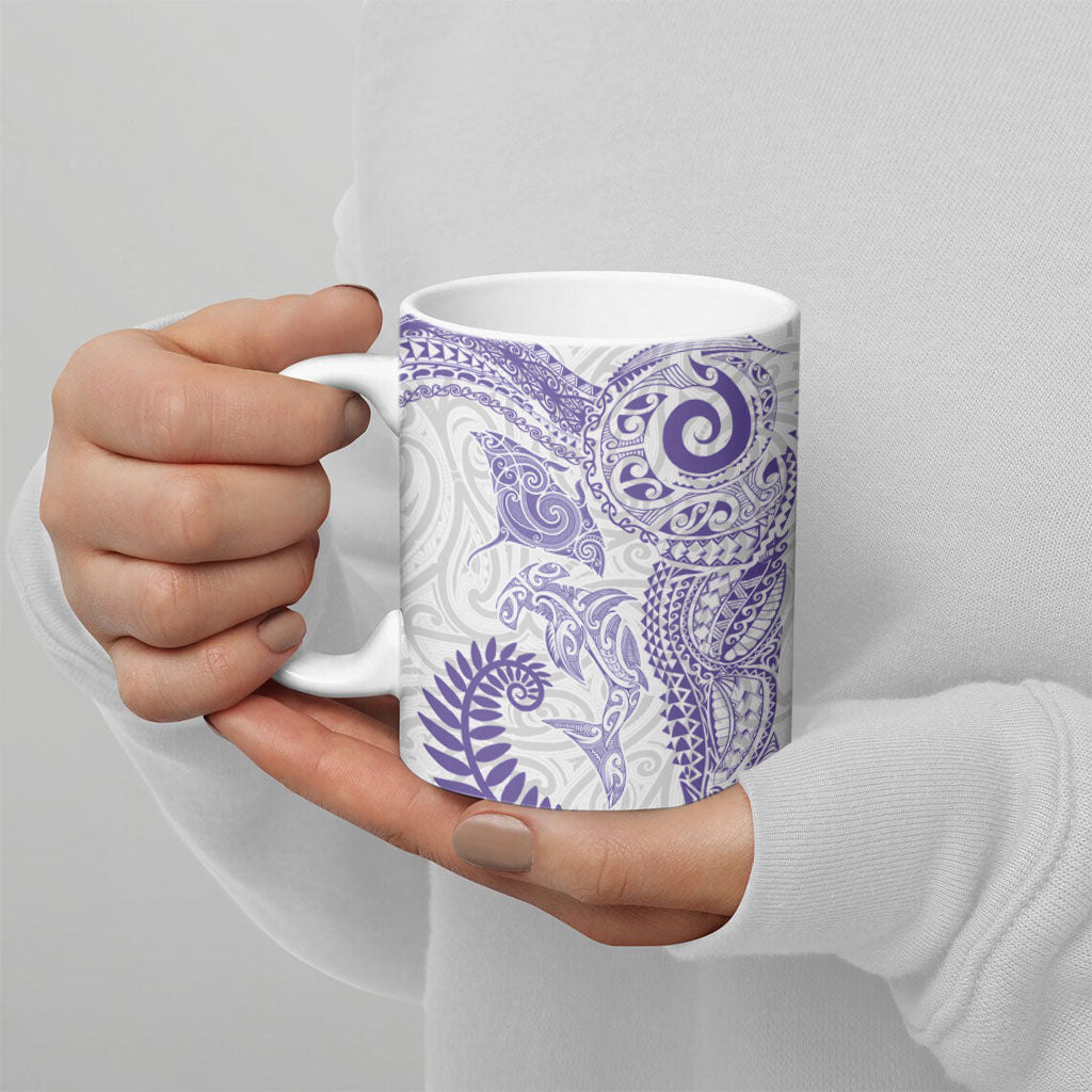 Aotearoa Maori Sea Animals Tribal Ceramic Mug Manta Ray and Shark Moko Pattern Purple Color