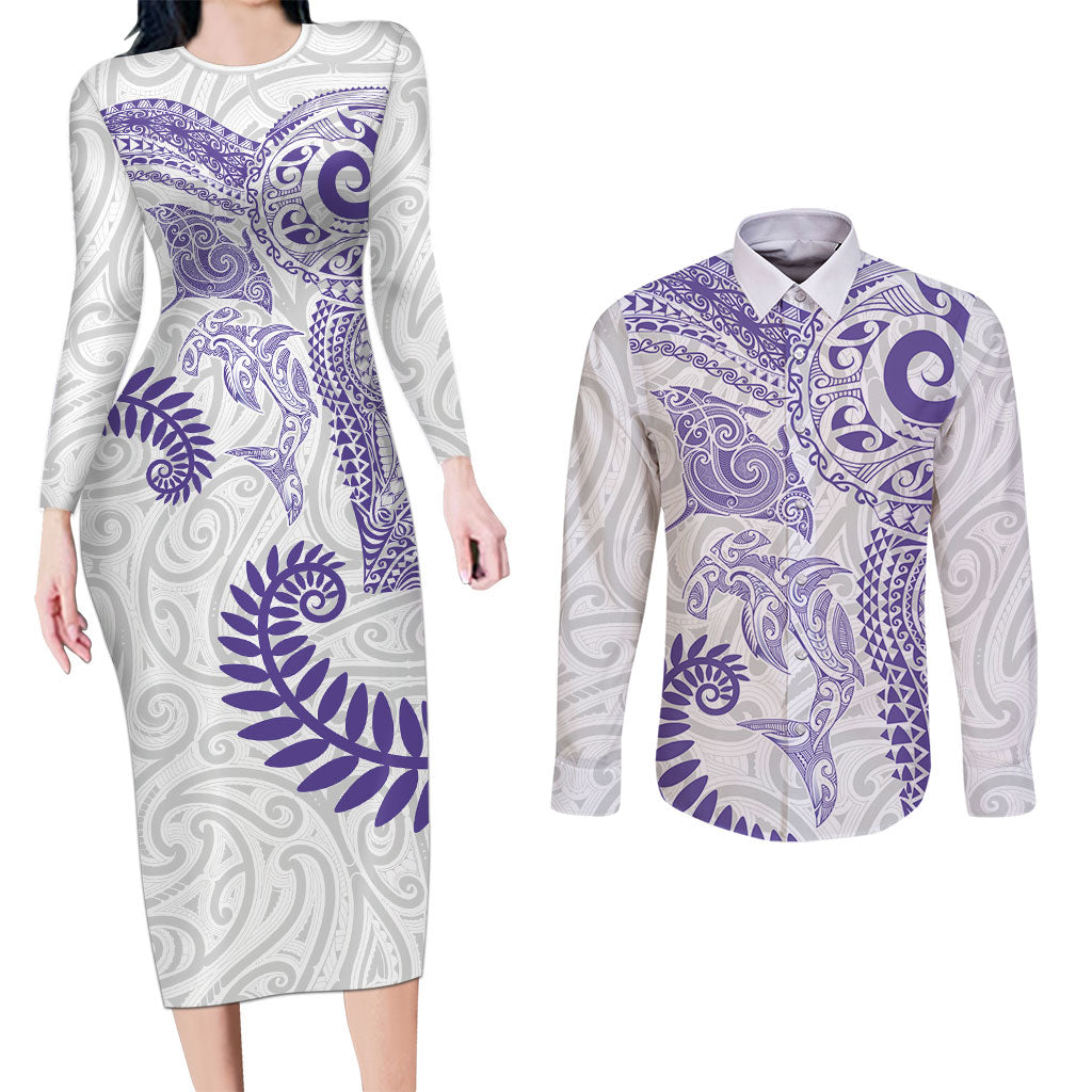 Aotearoa Maori Sea Animals Tribal Couples Matching Long Sleeve Bodycon Dress and Long Sleeve Button Shirt Manta Ray and Shark Moko Pattern Purple Color LT03 Purple - Polynesian Pride
