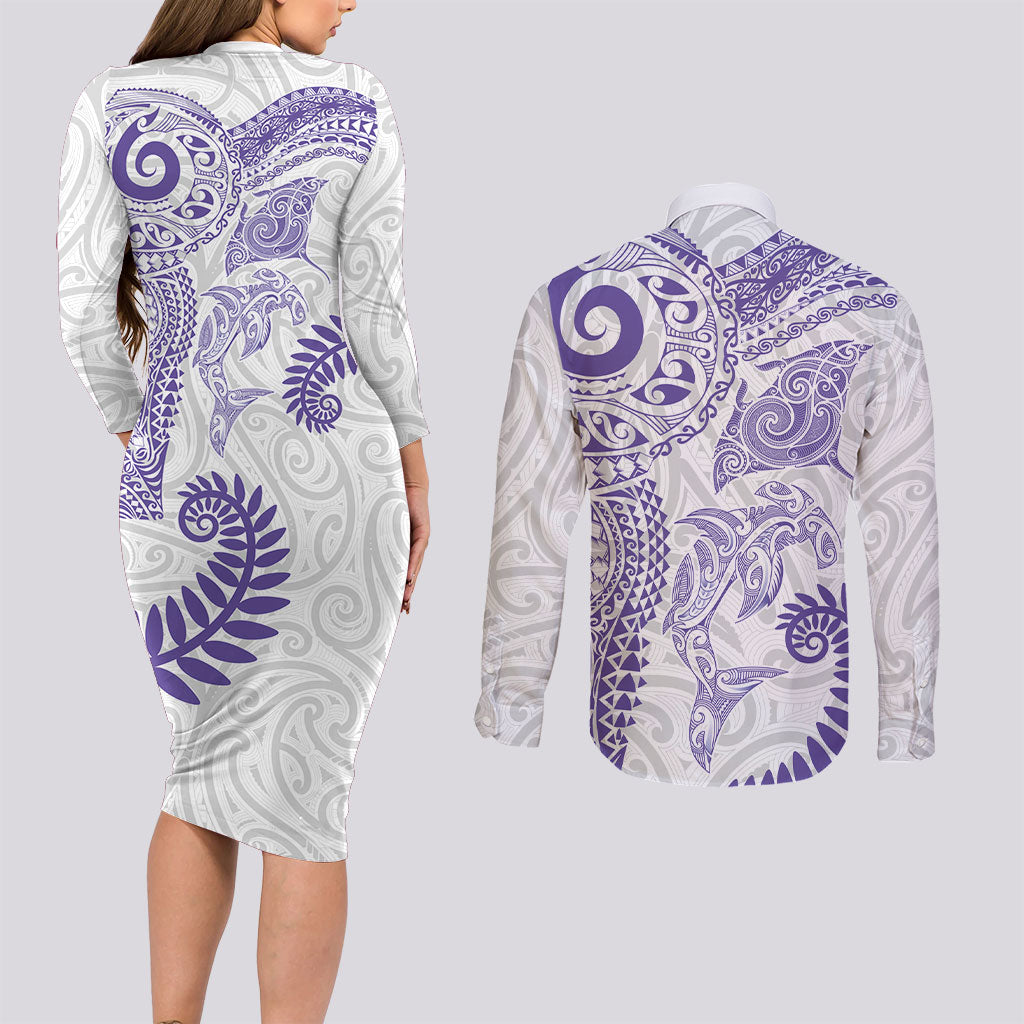 Aotearoa Maori Sea Animals Tribal Couples Matching Long Sleeve Bodycon Dress and Long Sleeve Button Shirt Manta Ray and Shark Moko Pattern Purple Color LT03 - Polynesian Pride