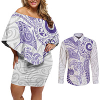 Aotearoa Maori Sea Animals Tribal Couples Matching Off Shoulder Short Dress and Long Sleeve Button Shirt Manta Ray and Shark Moko Pattern Purple Color LT03 Purple - Polynesian Pride