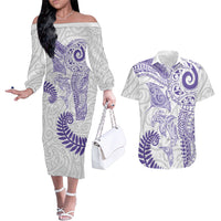 Aotearoa Maori Sea Animals Tribal Couples Matching Off The Shoulder Long Sleeve Dress and Hawaiian Shirt Manta Ray and Shark Moko Pattern Purple Color LT03 Purple - Polynesian Pride