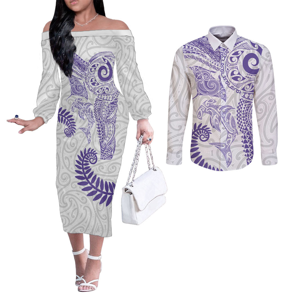 Aotearoa Maori Sea Animals Tribal Couples Matching Off The Shoulder Long Sleeve Dress and Long Sleeve Button Shirt Manta Ray and Shark Moko Pattern Purple Color LT03 Purple - Polynesian Pride