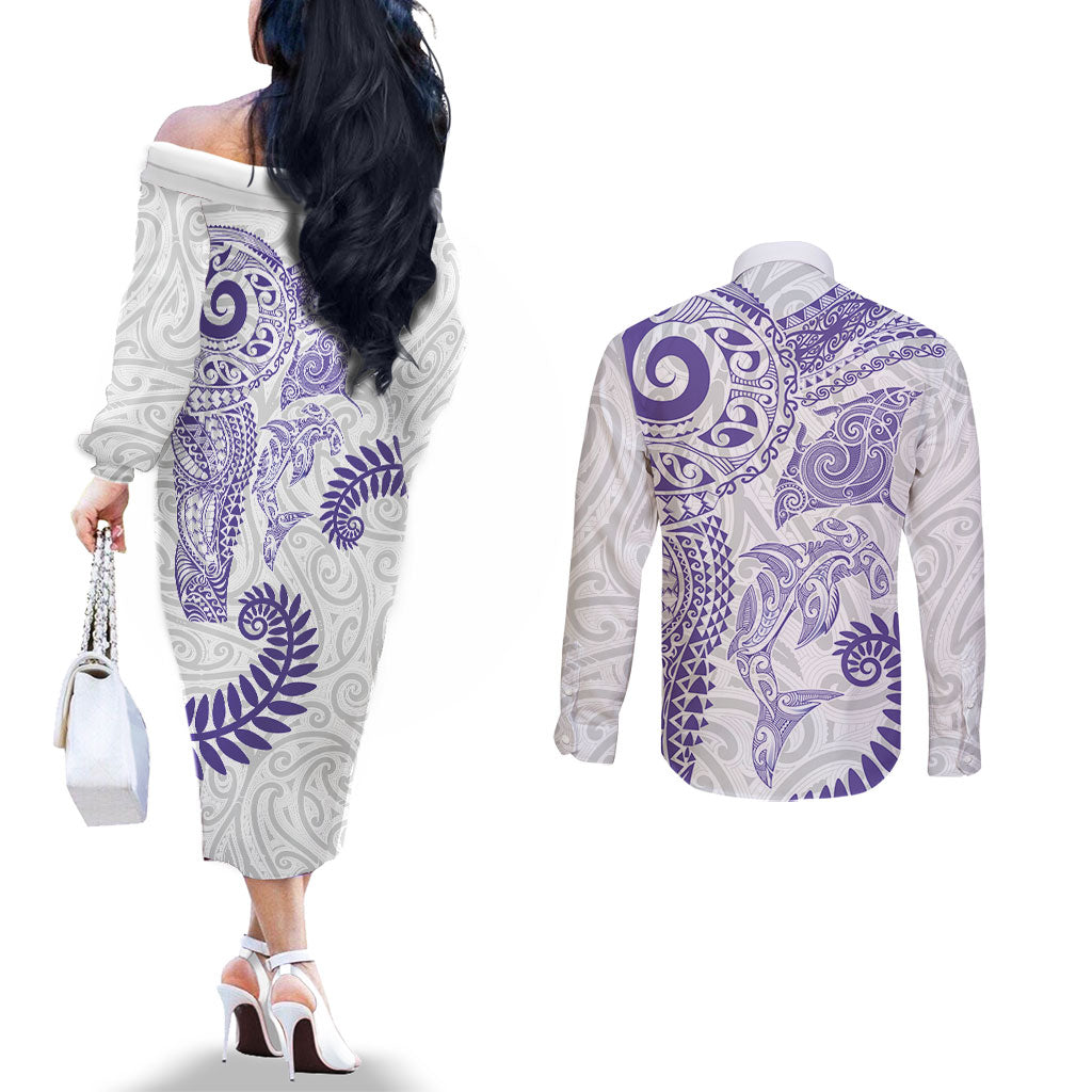 Aotearoa Maori Sea Animals Tribal Couples Matching Off The Shoulder Long Sleeve Dress and Long Sleeve Button Shirt Manta Ray and Shark Moko Pattern Purple Color LT03 - Polynesian Pride