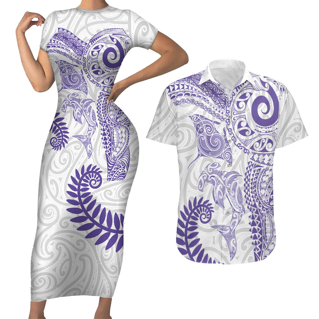 Aotearoa Maori Sea Animals Tribal Couples Matching Short Sleeve Bodycon Dress and Hawaiian Shirt Manta Ray and Shark Moko Pattern Purple Color LT03 Purple - Polynesian Pride