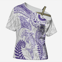 Aotearoa Maori Sea Animals Tribal Cross Shoulder Shirt Manta Ray and Shark Moko Pattern Purple Color LT03 Female Purple - Polynesian Pride