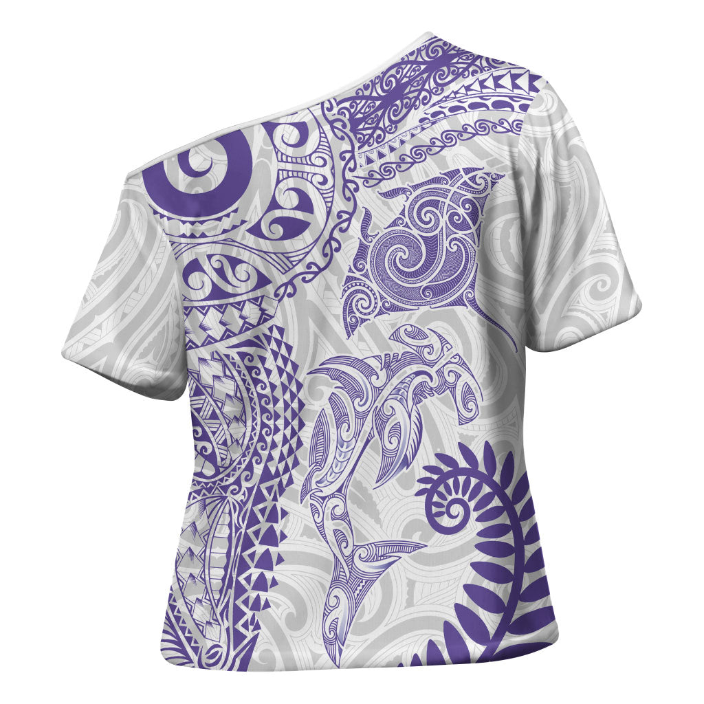 Aotearoa Maori Sea Animals Tribal Cross Shoulder Shirt Manta Ray and Shark Moko Pattern Purple Color LT03 - Polynesian Pride