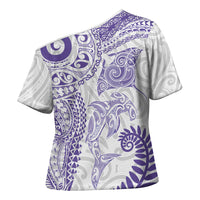 Aotearoa Maori Sea Animals Tribal Cross Shoulder Shirt Manta Ray and Shark Moko Pattern Purple Color LT03 - Polynesian Pride