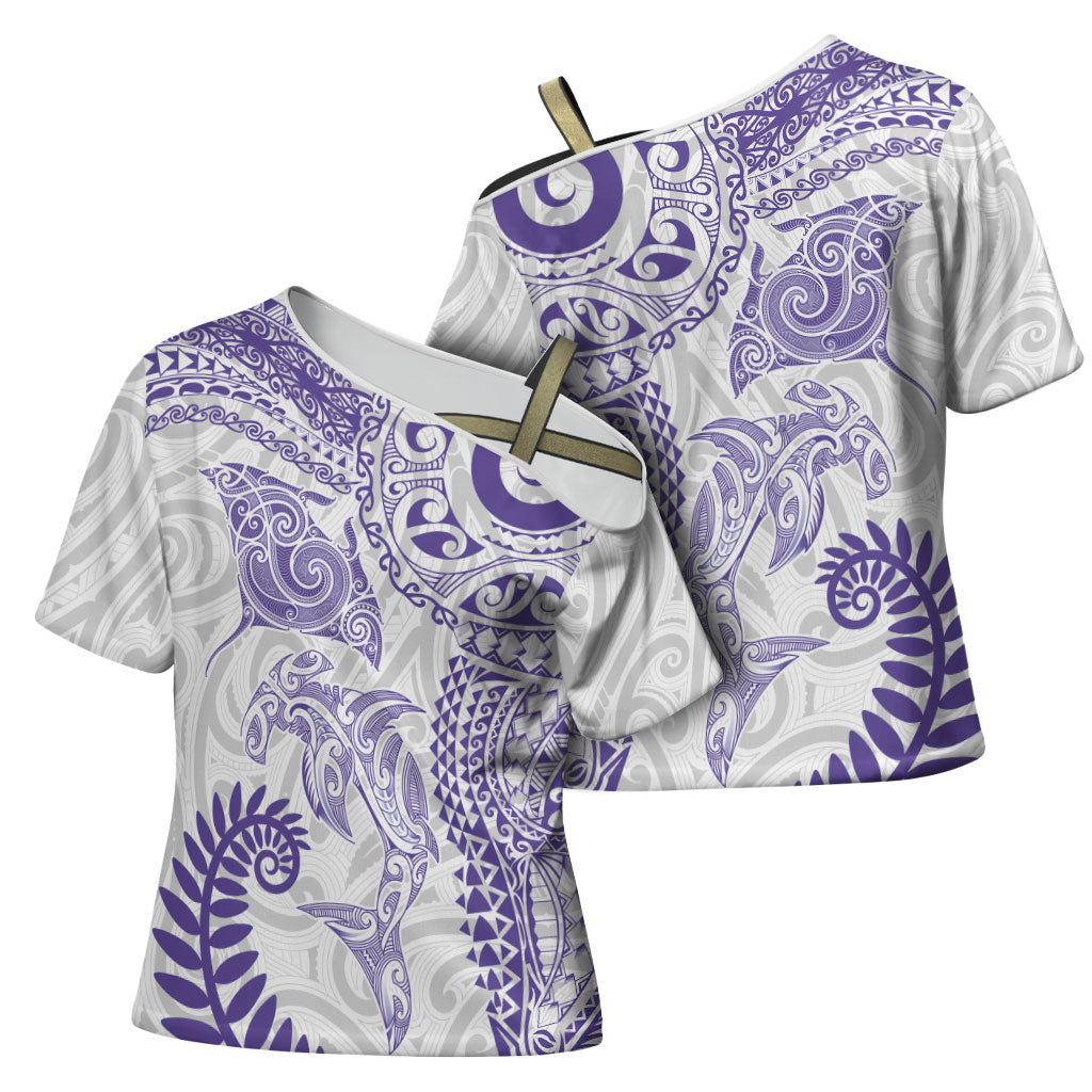 Aotearoa Maori Sea Animals Tribal Cross Shoulder Shirt Manta Ray and Shark Moko Pattern Purple Color LT03 - Polynesian Pride