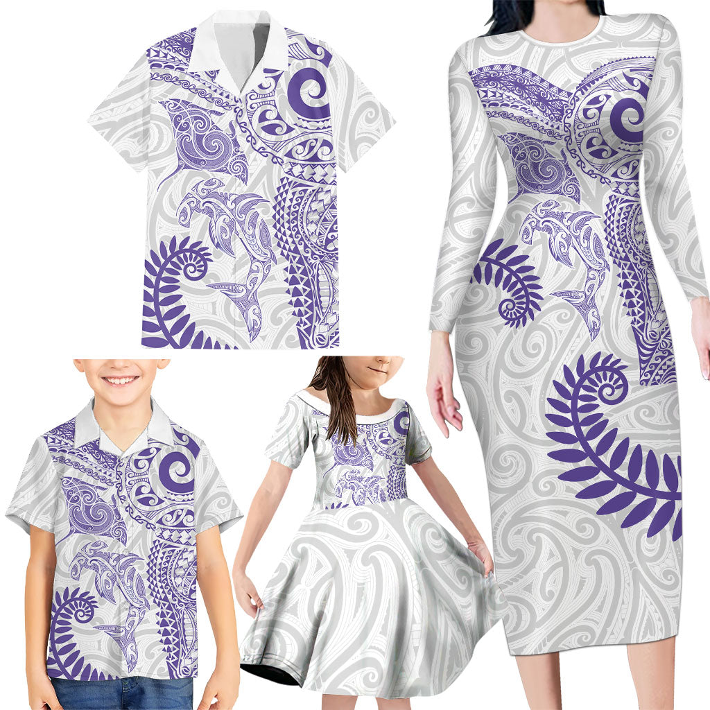 Aotearoa Maori Sea Animals Tribal Family Matching Long Sleeve Bodycon Dress and Hawaiian Shirt Manta Ray and Shark Moko Pattern Purple Color