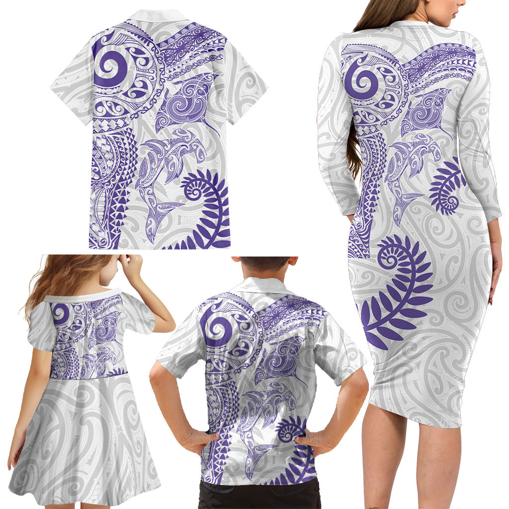 Aotearoa Maori Sea Animals Tribal Family Matching Long Sleeve Bodycon Dress and Hawaiian Shirt Manta Ray and Shark Moko Pattern Purple Color LT03 - Polynesian Pride
