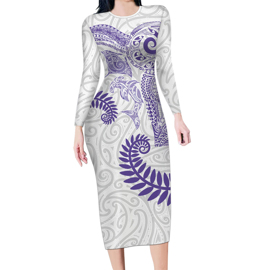 Aotearoa Maori Sea Animals Tribal Family Matching Long Sleeve Bodycon Dress and Hawaiian Shirt Manta Ray and Shark Moko Pattern Purple Color LT03 Mom's Dress Purple - Polynesian Pride