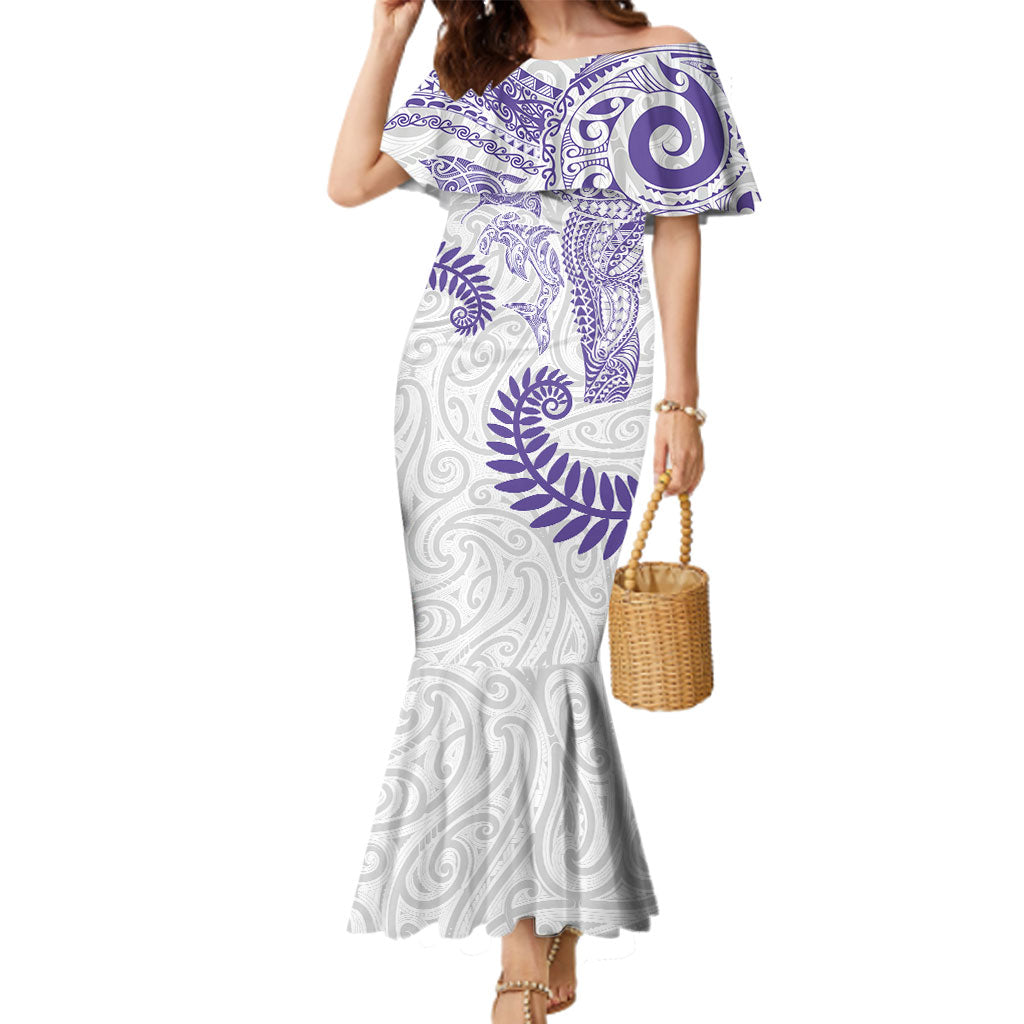 Aotearoa Maori Sea Animals Tribal Family Matching Mermaid Dress and Hawaiian Shirt Manta Ray and Shark Moko Pattern Purple Color LT03 Mom's Dress Purple - Polynesian Pride