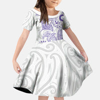 Aotearoa Maori Sea Animals Tribal Family Matching Off The Shoulder Long Sleeve Dress and Hawaiian Shirt Manta Ray and Shark Moko Pattern Purple Color LT03 Daughter's Dress Purple - Polynesian Pride