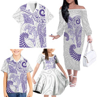 Aotearoa Maori Sea Animals Tribal Family Matching Off The Shoulder Long Sleeve Dress and Hawaiian Shirt Manta Ray and Shark Moko Pattern Purple Color LT03 - Polynesian Pride