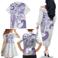 Aotearoa Maori Sea Animals Tribal Family Matching Off The Shoulder Long Sleeve Dress and Hawaiian Shirt Manta Ray and Shark Moko Pattern Purple Color LT03 - Polynesian Pride
