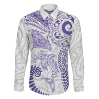 Aotearoa Maori Sea Animals Tribal Family Matching Off Shoulder Maxi Dress and Hawaiian Shirt Manta Ray and Shark Moko Pattern Purple Color LT03 Dad's Shirt - Long Sleeve Purple - Polynesian Pride